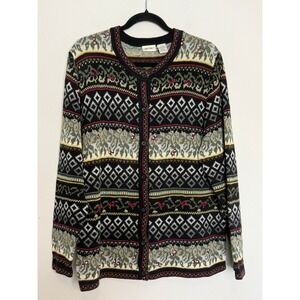 Cherokee Vintage Fair Isle Cardigan Sweater XL Green Black Geometric Embroidered